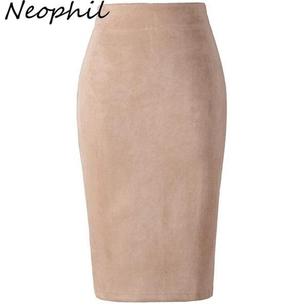 Neophil inverno mulheres camurça midi lápis saia cintura alta cinza rosa xxl estilo sexy estiragem de estiragem senhoras trabalho de escritório SAIA S1009 210310