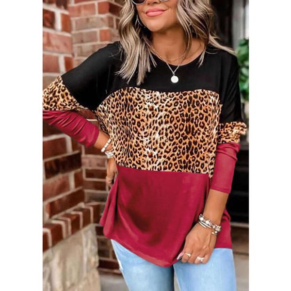 

leopard print color contrast long sleeve round neck t-shirt autumn 2020 women's wear, White