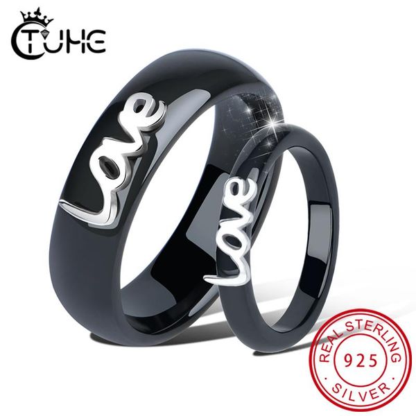 

cluster rings 100% real s925 sterling silver letter love for lover never fade healthy ceramic female finger jewelry, Golden;silver