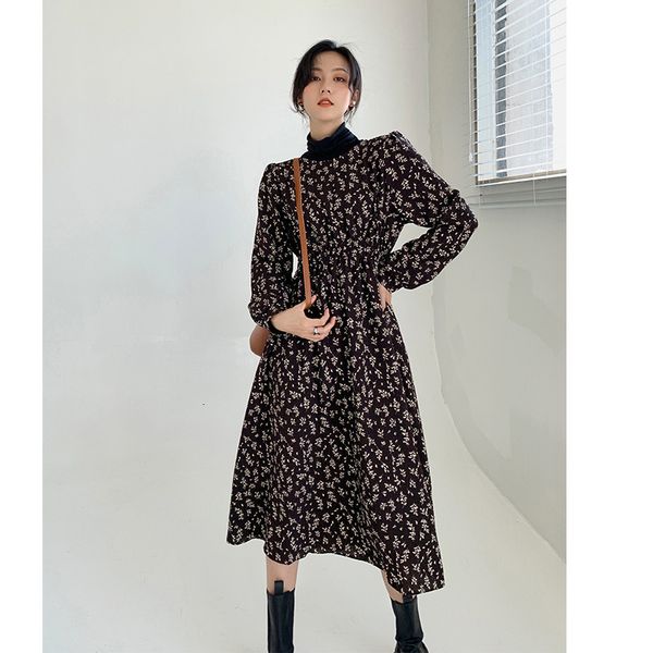 

vintage french o-neck bottoming soft floral wind printed chiffon in long sleeves elastic waist to line dressed female casual zdlx, White