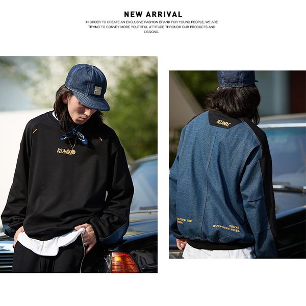 

fitness running sweater beedee round neck stitching denim spring and autumn trend loose, White;black