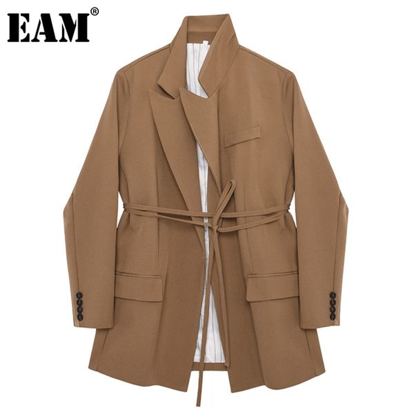

[eam] women vintage bandage brown blazer notched long sleeve loose fit jacket fashion spring autumn 1dd4708 211006, White;black
