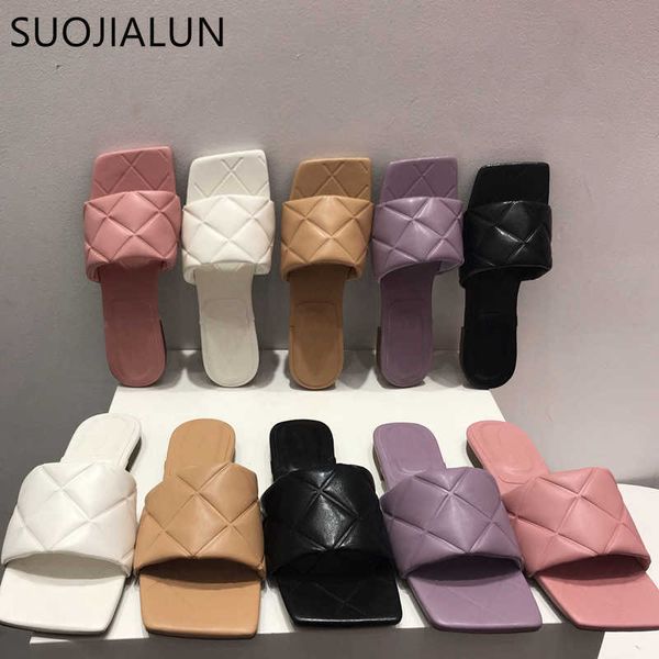

suojialun brand women slipper fashion square toe flat diamond pattern slides summer outdoor beach slides flip flop shoe 210630, Black