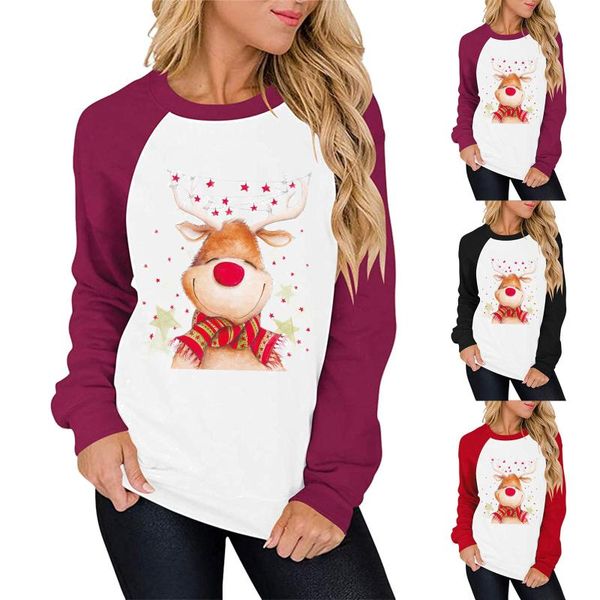 

women's blouses & shirts women sweatshirt winter long sleeve christmas elk print blouse crewneck raglan t-shirts plus size pullover d5, White