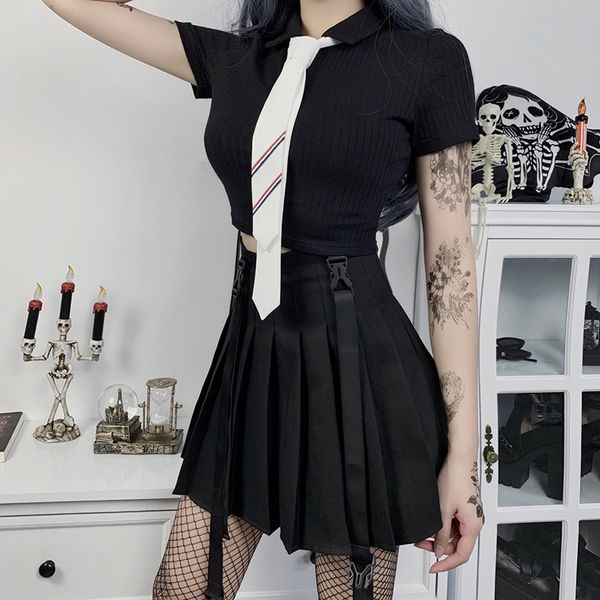 

vintage slim short sleeve crop gothic women turn-down collar button tie short t-shirt 2021 new solid color top, White