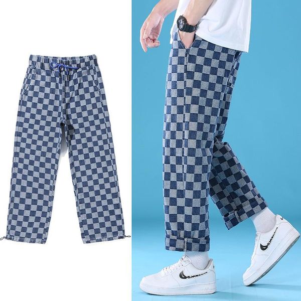 

men's jeans 2021 plaid cargo autumn korean style denim pants fashion kpop clothes men clothing hip hop black harajuku, Blue