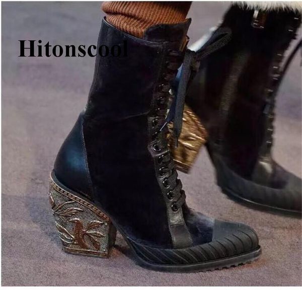 

boots 2021 women genuine leather ankle pointed toe high heels shoes woman lace up patchwork short size 35-42 botas mujer, Black