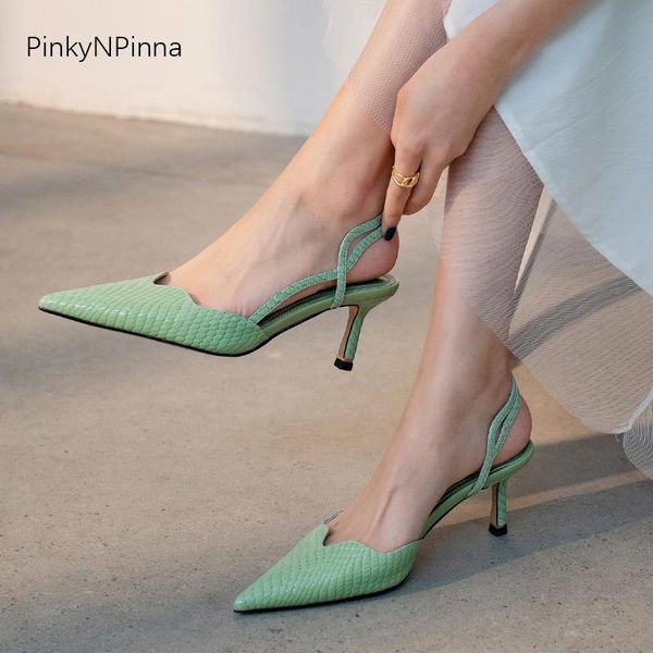 

sandals 2021 women genuine leather python pattern slingback high heels pumps plus size green dress fairy shoes, Black