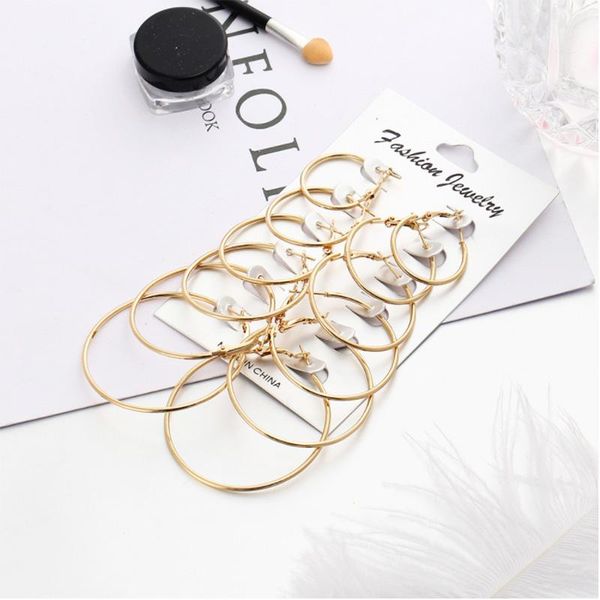 

hoop & huggie 6 pairs/set oversized big circle earrings set for women simple punk brinco round party jewelry gift, Golden;silver
