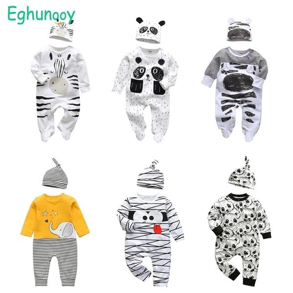 Комплекты одежды 2 шт. Одежда для новорожденных мальчиков Комплект одежды для малышей Хлопковый комбинезон с длинными рукавами с мультяшным принтом и шапка 210309