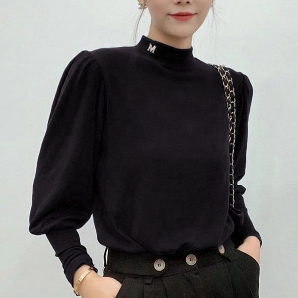 

stretch cotton knitted turtleneck women casual lantern long sleeve t shirt new 2021 spring autumn tee lady do3j, White