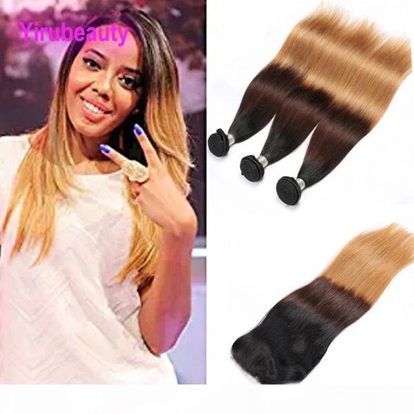 

peruvian human hair 1b 4 27 bundles with 4x4 lace closure 4 pieces lot ombre hair b 4 27 straight hair, Black;brown