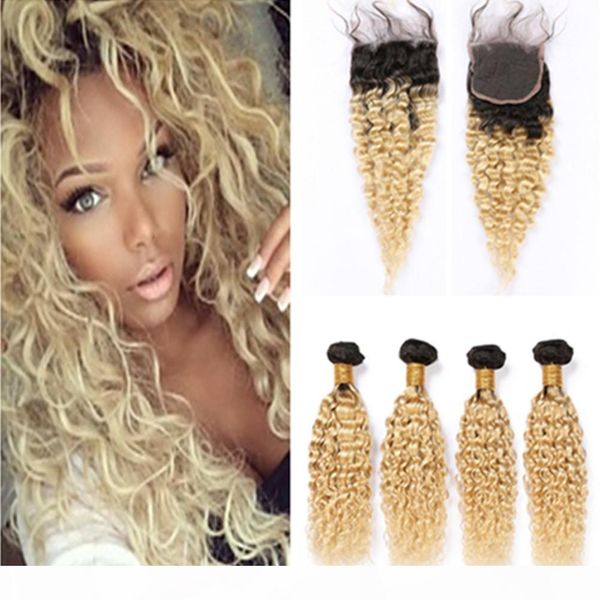 

blonde ombre peruvian weaves wet wavy human hair 4bundles and closure #1b 613 dark root water wave virgin hair lace closure with bundles, Black;brown