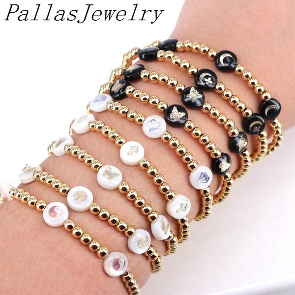

link, chain 10pcs delicate small black white mother of pearl round flat shell gold charm beads bracelets bead balls elastic