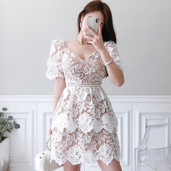 

new arrival lace perspective mini formal temperamental white elegant fresh cute short sleeves basic a-line dress jx1i, White;black