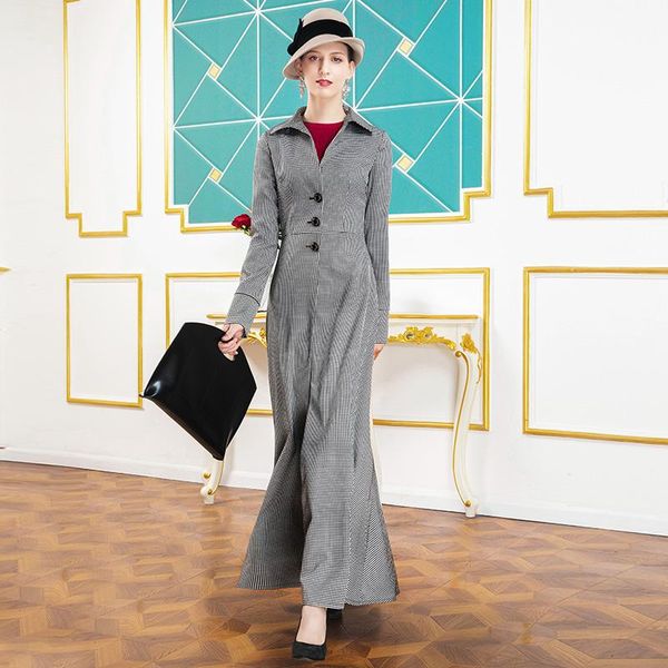 

luxury office lady trench coat british style windbreaker spring autumn plaid slim waist design full length overcoat dz1291, Tan;black