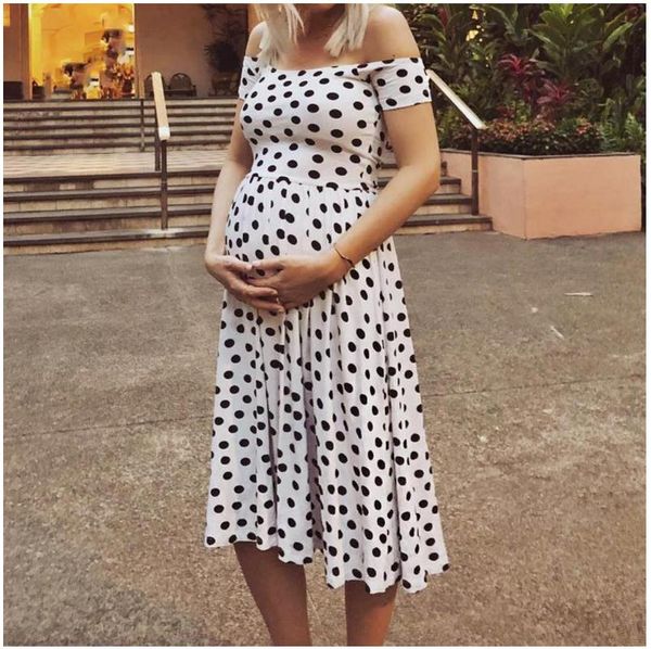 

maternity dresses women's 2021 summer polka dot print one-line dress, White