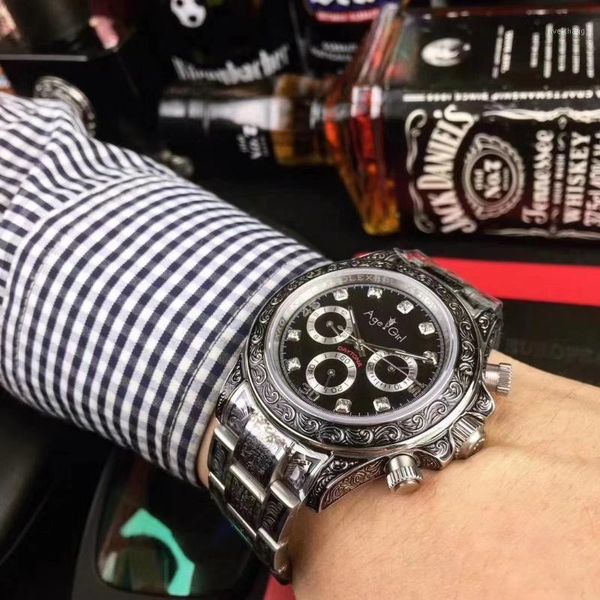 

classic men automatic mechanical carving watch sapphire rome diamonds dial waterproof stainless steel relogio masculino wristwatches, Slivery;brown