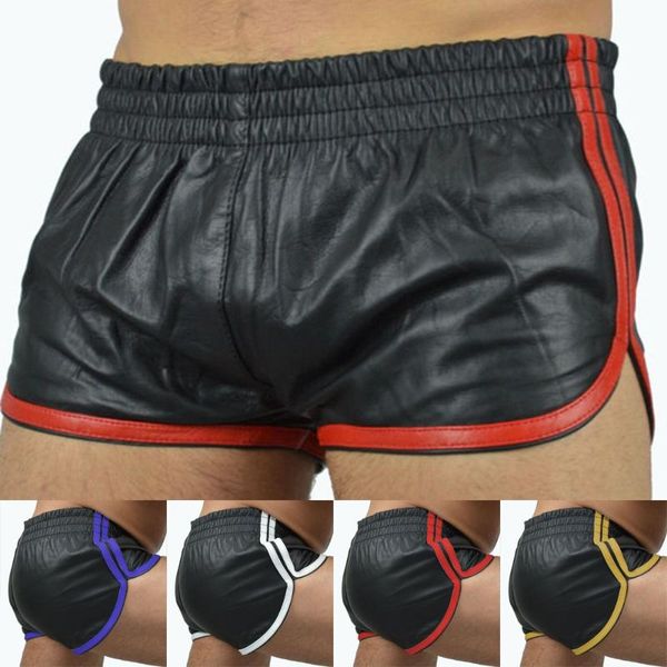 

men's shorts men punk pu leather slim motorcycle trousers solid color plus size soft boxershorts male panties, White;black