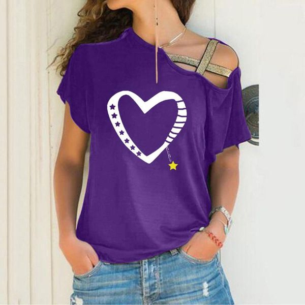 

women's t-shirt heart print tshirt women cold shoulder asymmetrical tee shirt ladies cross bandage short sleeve t-shirts camisetas muje, White
