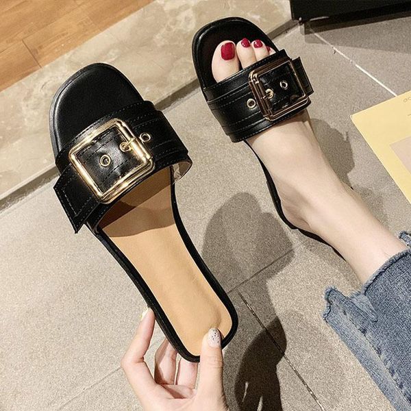 

slippers women summer flat 2021 slip on buckle ladies slides leisure comfort beach footwear pu leather for girls, Black