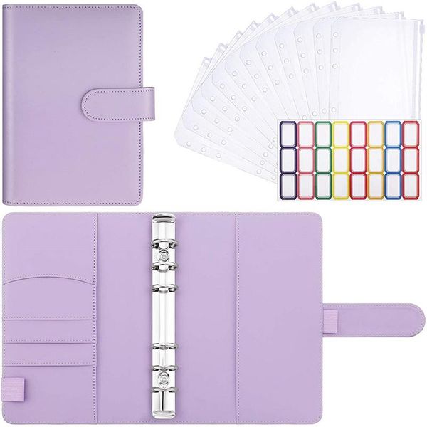 

gift wrap 15 pieces of plastic binder envelopes with pu leather notebook for documents and cards, purple