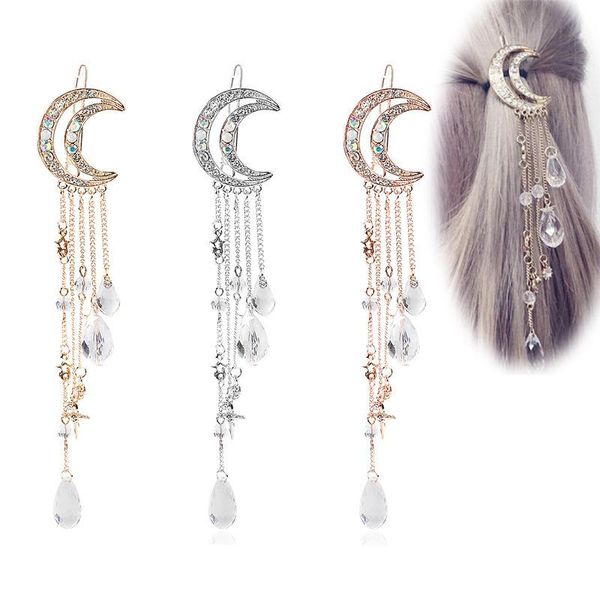 

hair clips & barrettes moon hairpins clip romantic retro star pendant design with crystal bead tassel headpieces women grils accessories bh, Golden;silver