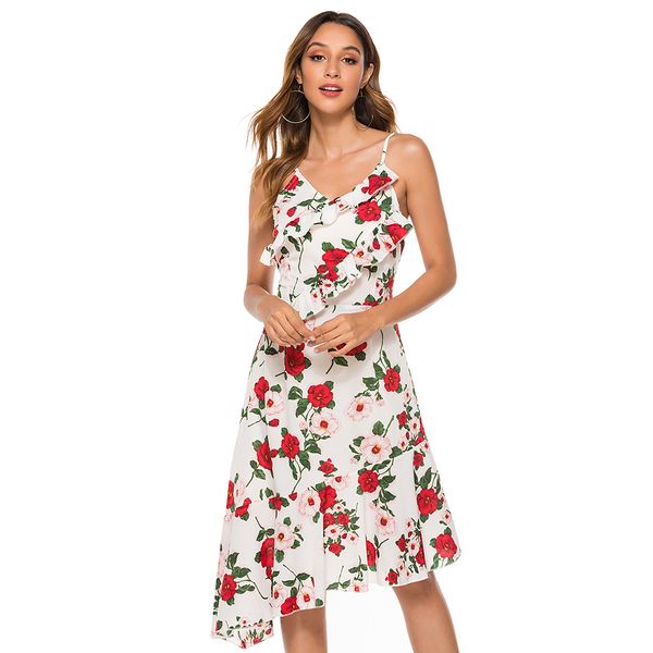

2021 summer new printed backless strap irregular ruffled dress, Black;gray