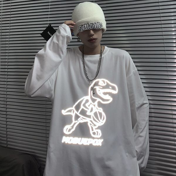 

2021 new dinossauro reflexivo tshirt streetwear homem hip hop oversize moletom japo harajuku s casual branco outono rock t camisa mascul, White;black