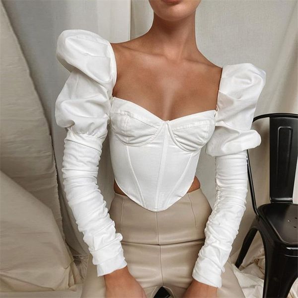 

women's blouses & shirts square collar vintage fashion corset women and blouse elegant puff long sleeve blusas, White