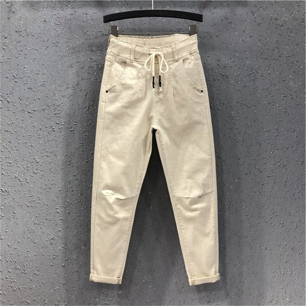 

summer female white fashions hallem casual loose jeans elastic waistband femme cotton denim ankle-length khaki pants black y467 6pin, Blue