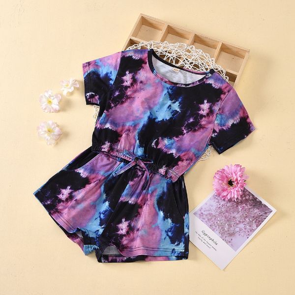 

2021 fashion kids girls tie-dye printed clothes sets 4-9y short sleeve pullover t shirts shorts, White