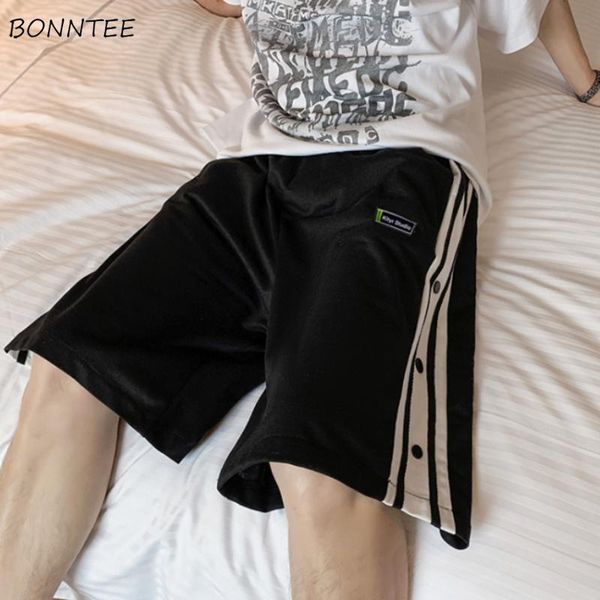 

men's shorts casual men simple patches side buttons males short sweat trousers streetwear trendy korean style knee length loose daily, White;black