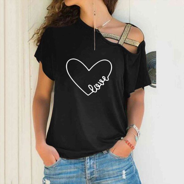 

harajuku casual heart print womens shirts cross shoulder irregular short sleeve shirt blusas mujer de moda, White