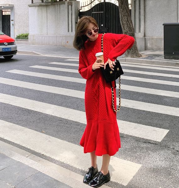 

fashion autumn winter nightgown 2021 loose the-neck long female sleeve filled with knitted or crocheted dress mermaid 7y6c, Black;gray
