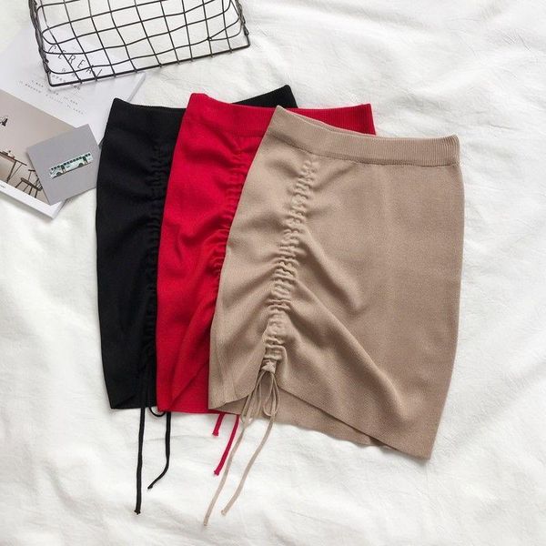 

skirts irregular high waist elastic short skirt tight package hip side drawcord knitted mini fashion street, Black