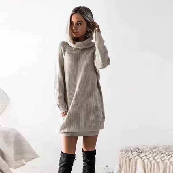 

everafter elegant sweater dresses for wome turtleneck long sleeve solid loose thicken fashion basic autumn winter knitted dress, Black;gray