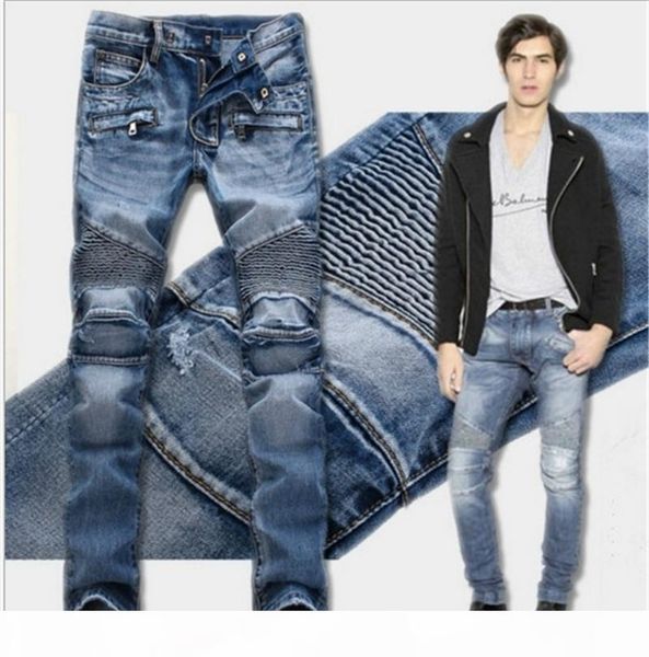 

4 colors mens jeans zipper straight slim fit elastic high street new fashion casual style europe and america pants motorcycle pants, Blue