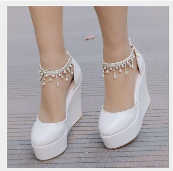 

dress shoes women pump wedge heel, round head pearl tassel, super high single shoe size 35-41, white pu soft sole for women's wedding, Black