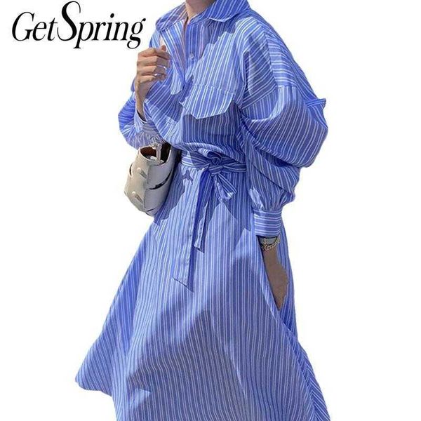 

getspring women dress puff sleeve bandage striped shirt es long vintage casual fashion 210601, Black;gray