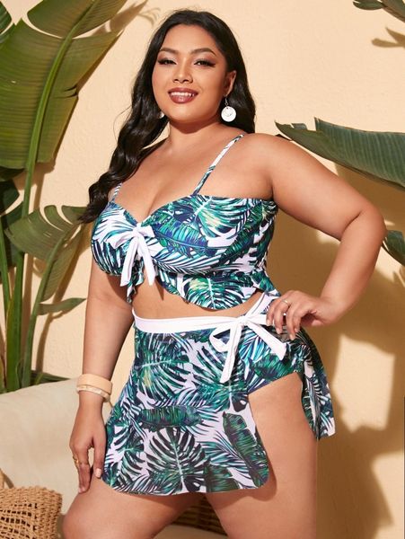 

plus tropical print high waisted bikini swimsuit with beach skirt k931#, Black