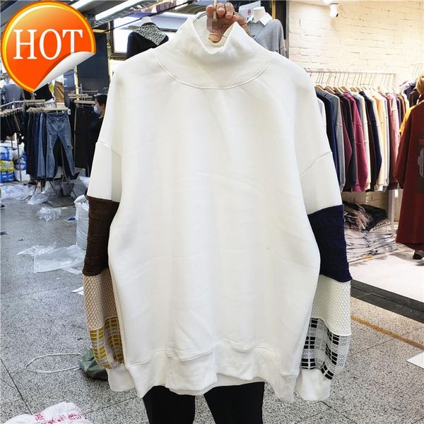 

new european style flannel high neck stitching knitted long sleeve sweater women's loose fashion in autumn and winter 2021, White