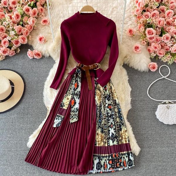 

casual dresses fashion print pleated dress women autumn winter knitted patchwork long female sleeve sashes vestidos s1252, Black;gray
