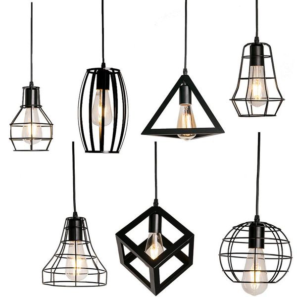 Pendelleuchten Typ Moderne schwarze Käfigleuchten Eisen Minimalist Retro Nordic Loft Pyramidenlampe Metall hängend E27 IndoorPendant