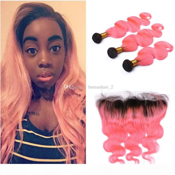 

brazilian virgin pink ombre human hair bundles 3pcs with frontal 4pcs lot body wave two tone 1b pink ombre hair extensions with frontal, Black;brown
