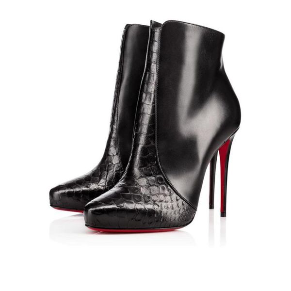 

boots red bottom high heels patent leather women party wedding triple spikes pointed toes pumps dress shoes with box 08, Black
