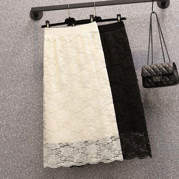 

plus size knitting women long skirt lace high waist skirts black rice white 8085