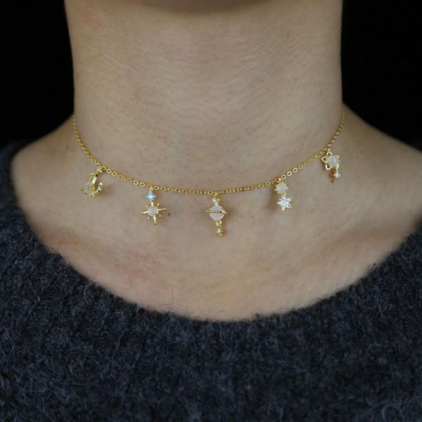 

sweet chocker necklace tassel mini pink enamel northstar moon star pendant jewelry for women girls lovely gift 35+10cm, Golden;silver