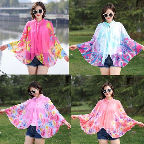 

summer new sun shawl beach towel women cycling uv proof three button chiffon princess fashion printed silk scarf, Blue;black