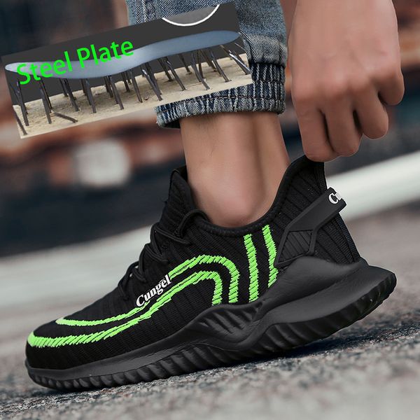 

work safety boots men shoes sneakers breathable anti-smashing lightweight work boots indestructible sneakers with steel toe cap, Black
